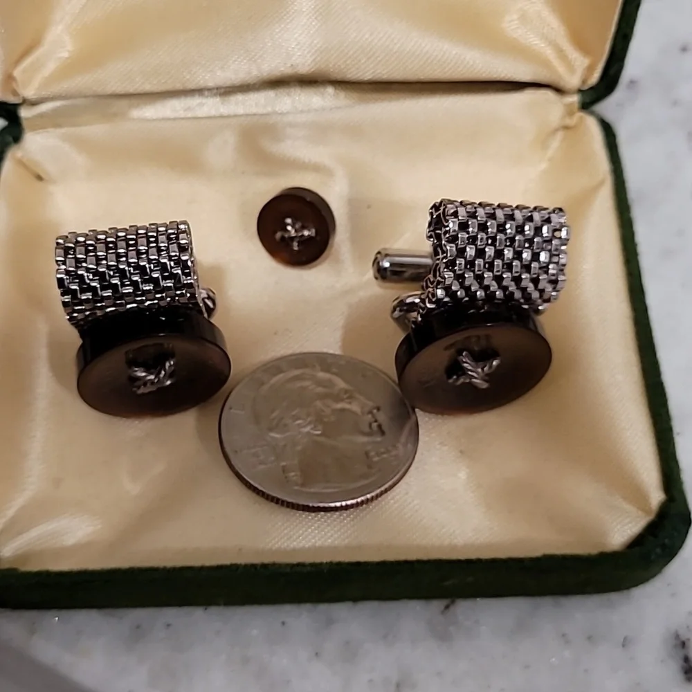 Vintage Michelangelo Silver and Brown Cufflinks & Tie Tack Set NIB